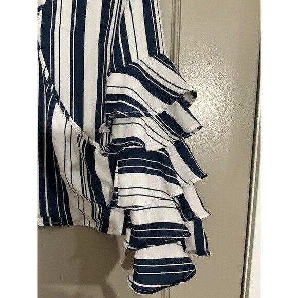 Charlotte Russe Blue and White Stripe Ruffle Long Sleeve Bouuse Sz M V Neck NWT - Picture 3 of 6